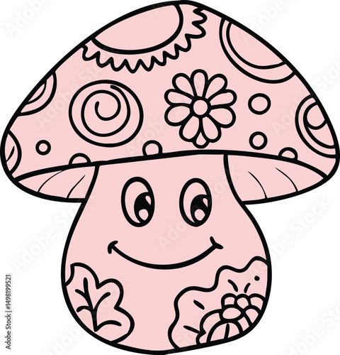 hippie mushroom with a smiling face and paisley ha