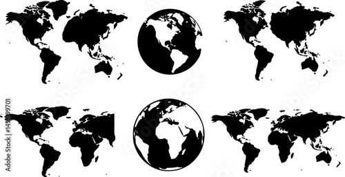 World globe maps set. Europe, Asia, America, Oceania globe maps. Earth globe icons isolated on blue background. Vector illustration.
