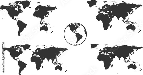 World globe maps set. Europe, Asia, America, Oceania globe maps. Earth globe icons isolated on blue background. Vector illustration.

