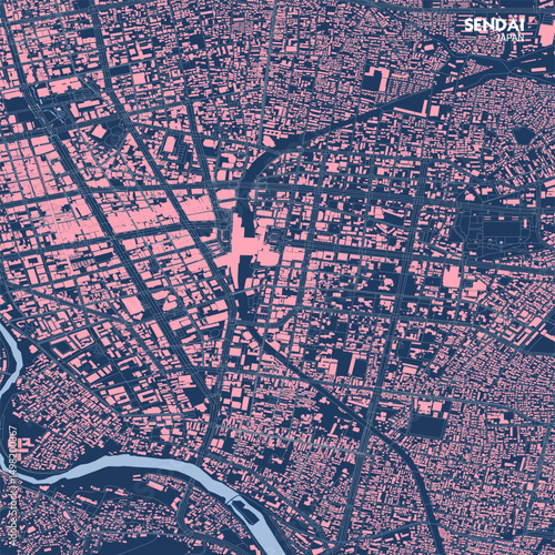 Zoomed-In Sendai City Map (Buildings, Highways, Waterways, Blueprint Background)