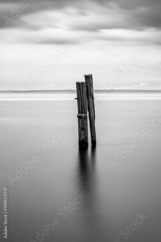 Three weathered wooden poles emerging from a calm and reflective body of water