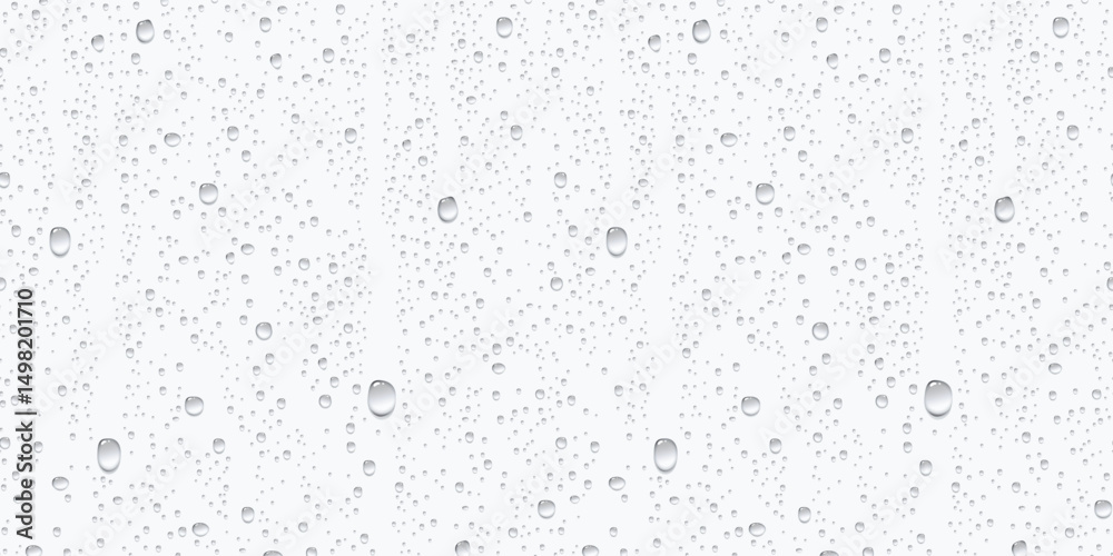 Water rain or shower drops seamless border isolated on white background. Realistic pure droplets condensed texture. Vector clear vapor bubbles on window glass surface