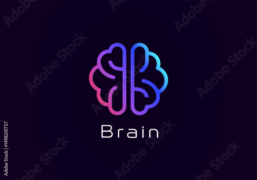 Brain logo design, glowing neon neural style lines icon for AI systems, neural networks, smart tech, innovative science and medicine branding. Vector illustration.
