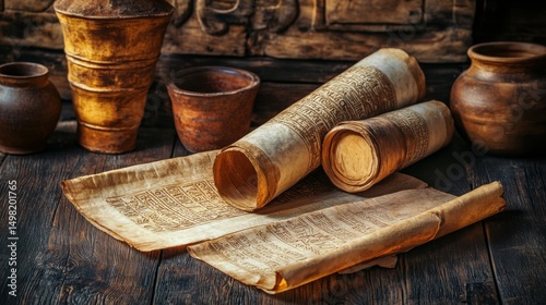 Vintage scrolls with ancient script on a wooden table, surrounded by clay pots and bowls, creating a historical and antique ambiance.
