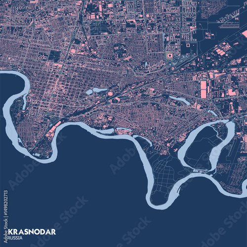 Zoomed-In Krasnodar City Map (Buildings, Highways, Waterways, Blueprint Background)