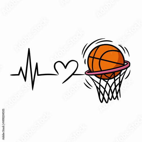 A basketball enters a hoop, integrated with a heart-shaped line and heartbeat pattern, symbolizing passion for the sport