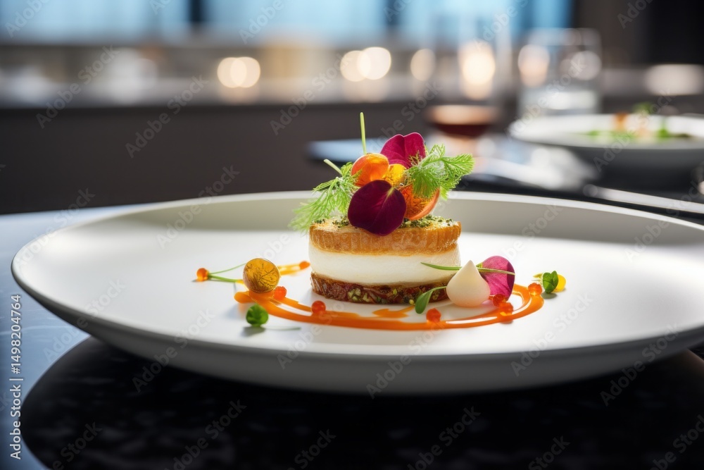 elegant gourmet dish with artistic garnishing on a modern white plate, elegant gourmet dish with artistic garnishing on a modern white plate,