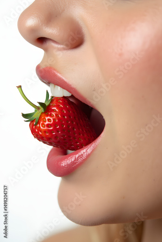 Femme qui tient entre ses dents une délicieuse fraise 