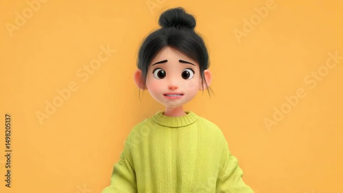 Cute little girl character animation. Shocked, surprised kid, excited face, big eyes. Worried, sad face expression
