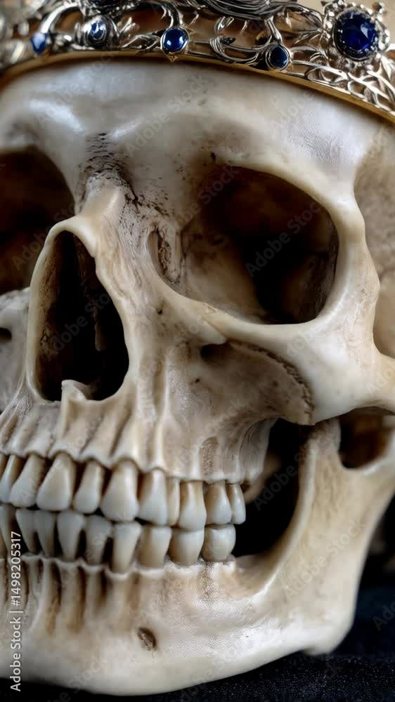 Close up of human skull wearing a golden jeweled crown, showing the bone detail and teeth on a dark background.