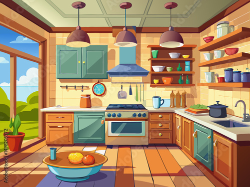 vector of A beautiful view of a kitchen where all the kitchen utensils are made of light wood...