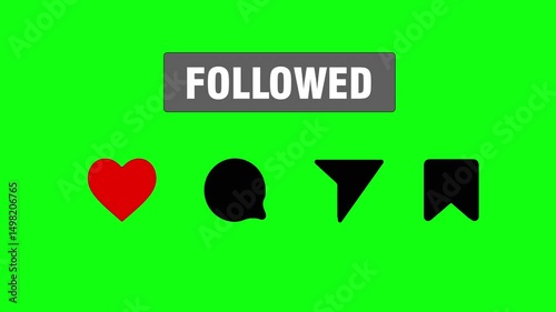 Instagram Follow, followed, love, like, comment, share, save button click icon motion graphics animation with green screen