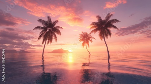 Tranquil sunset scene with three palm trees in calm ocean waters