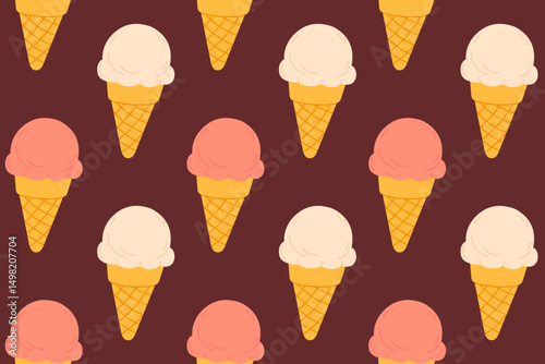 Seamless pattern of peach and vanilla ice cream cones on dark brown background, perfect for dessert-themed packaging, prints, and summer visuals