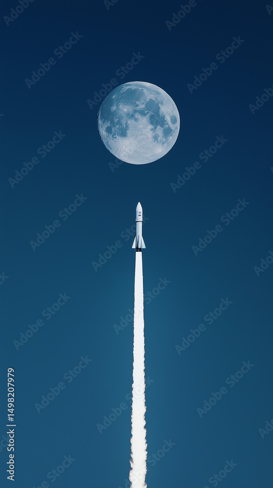 Minimalist mobile wallpaper of rocket ascending toward full moon in deep blue sky. Generative AI Minimalist mobile wallpaper of rocket ascending toward full moon in deep blue sky. Generative AI