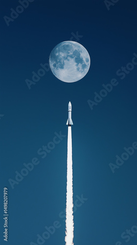 Minimalist mobile wallpaper of rocket ascending toward full moon in deep blue sky. Generative AI