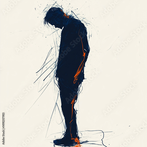 Scribble art of a sad man walking with head down on white background. Generative AI