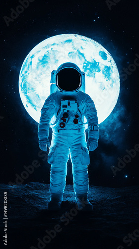 Astronaut standing in front of the moon, illuminated by moonlight under starry cosmic sky. Glowing full moon in space. Generative AI
