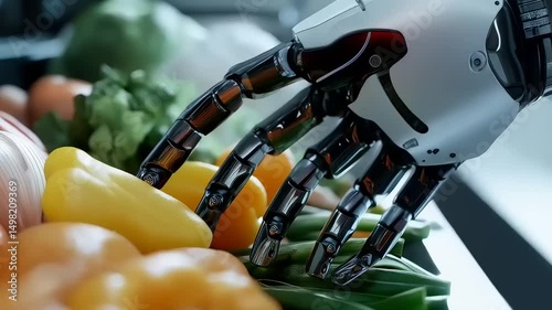 Automated culinary system robot hand precisely preparing fresh vegetables in kitchen