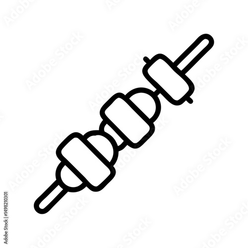 Outline drawing depicting a kebab skewer with multiple pieces of food on it in black and white style