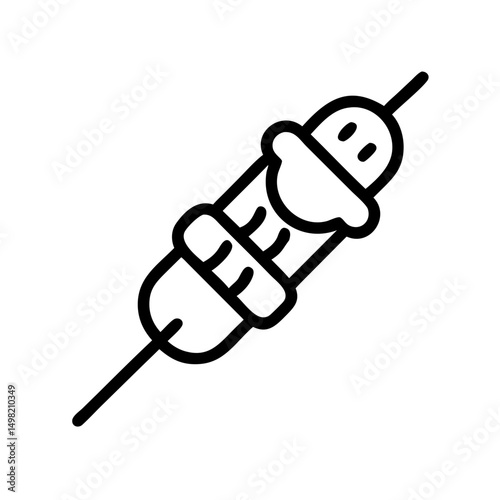 Depiction of a skewered food item with a topping and wrapped in a strip on a white background