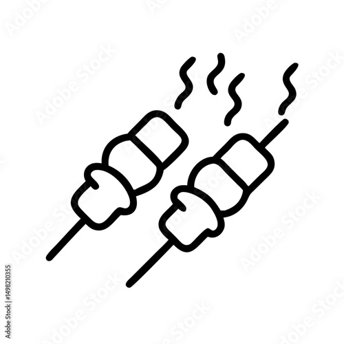 Two skewers with roasted food and rising steam in a simple line drawing style design element