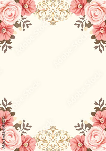 Romantic floral A4 wedding invitation template with pink roses, gold filigree borders, and pastel vintage design (3)