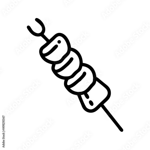 Outline drawing of a food skewer with rounded pieces in black and white simple design style art 100