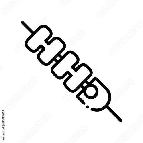 Outline drawing of a kebab skewer with meat pieces and a circular element on the end of the stick