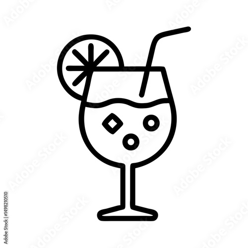 A refreshing beverage in a stemmed glass with a slice of citrus and a straw shown in outline style