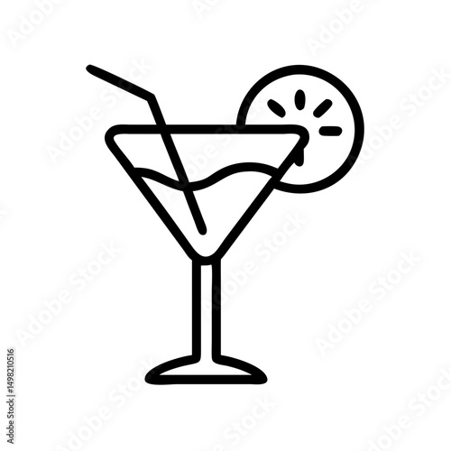 Outline drawing of a cocktail in a stemmed glass with a straw and citrus garnish on the rim