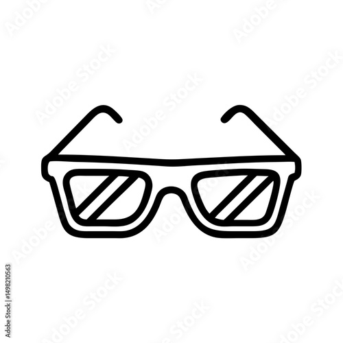 A simple graphic of eyeglasses with thick black frames and angled lenses, isolated on white here
