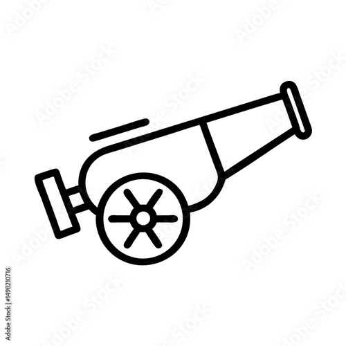 Simple line drawing of an old fashioned cannon with a wheel and a thick barrel design shown in black line 100