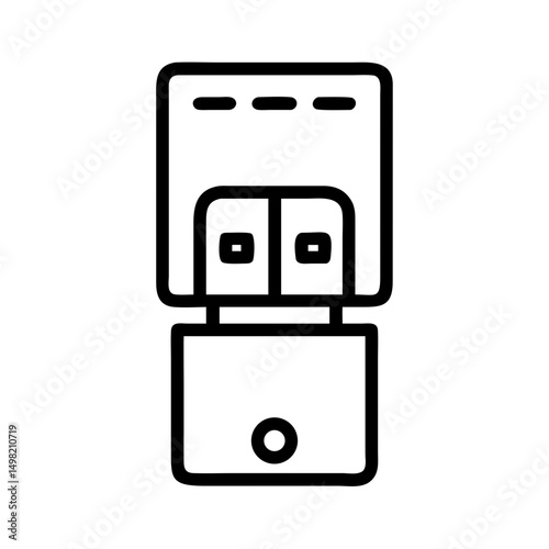 Outline graphic showing a power adapter with two prongs and three horizontal lines on top area