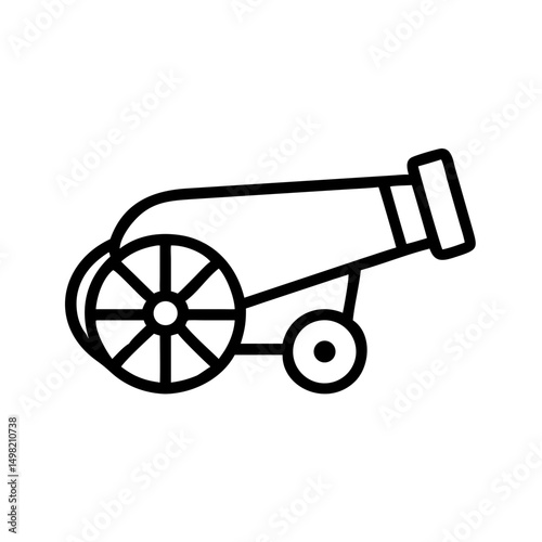 A simple line drawing of a vintage artillery piece with wheels ready for action on the battlefield