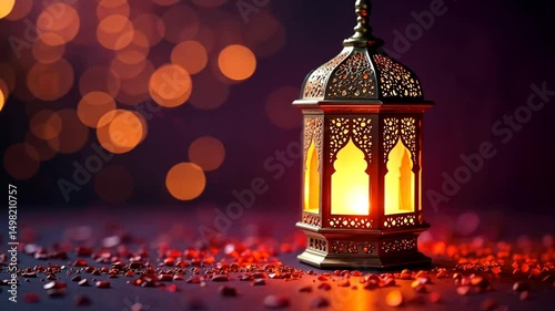 A glowing Ramadan lantern sits against a bokeh background with scattered rose petals. Concept of: Holy month. Muslim holy month Ramadan Kareem concept. Eid al-Fitr