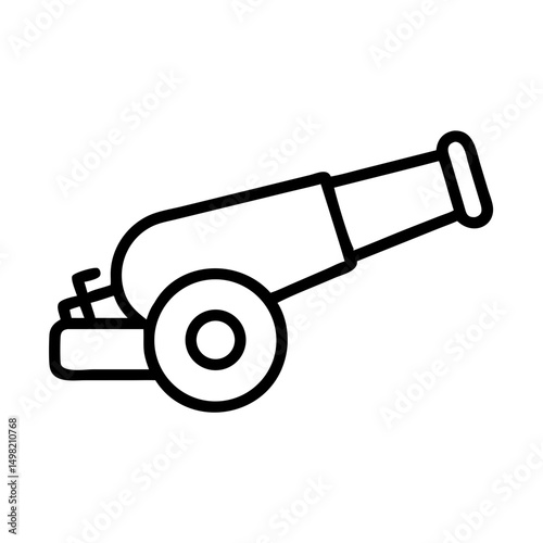 A simple graphic of a cannon with a thick outline and a wheel shown in side view on white background