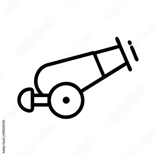 Depiction of a black outline of a cannon with wheels ready to fire against a white background space