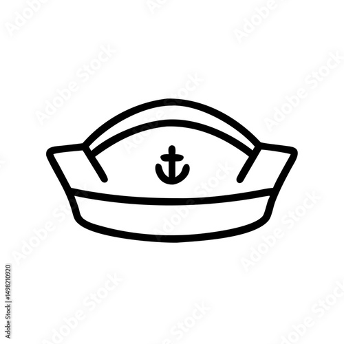 A simple graphic of a sailor hat with an anchor emblem in the center, outlined in black is shown