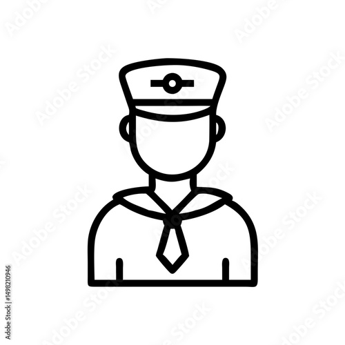 Outline graphic showing a person in uniform with a tie and hat on a white background image here