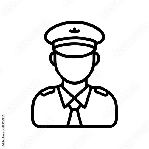 A person wearing a pilot uniform with a hat in a simple outline style drawing depicted from the chest up