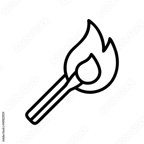 Simple graphic of a lit matchstick with a flame in black outline on a white background design element