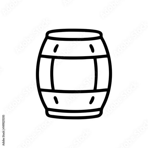 A simple line drawing of a wooden container with bands around it in black and white style