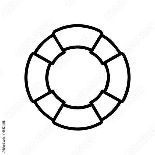Outline drawing of a life preserver with segments and a circular opening in the center design element