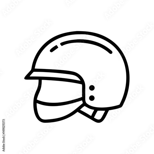 Outline drawing of a motorcycle helmet with visor and chin strap shown in black on a white background