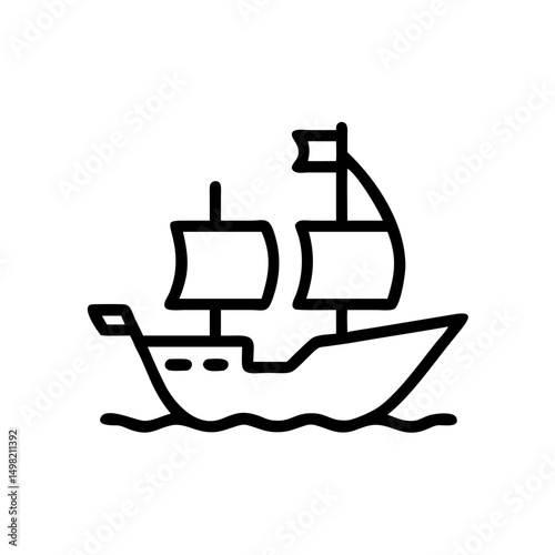 A simple line drawing of a sailing vessel with two masts and a flag on wavy water surface design