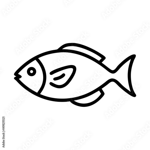 Simple line drawing of a single aquatic animal with fins and a tail on a white background surface