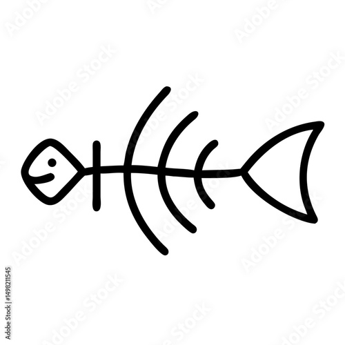 Simple graphic of a fish skeleton with a smiling face and bones on a white background drawing style