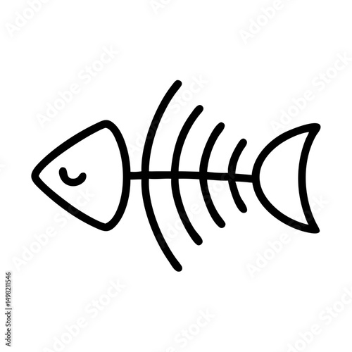 Simple line drawing of a fish skeleton with head, bones, and tail on a white background space here now