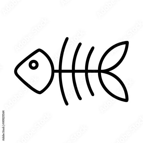 Simple graphic of a fish skeleton with head, bones, and tail in black outline on white background